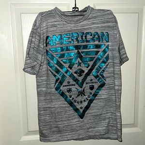 Boy’s American Fighter size medium gray/teal tee shirt.